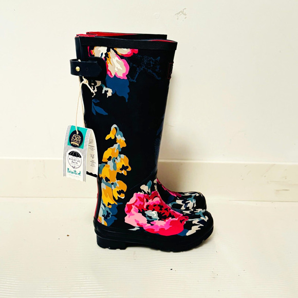 Joules Boots Womens 5 Navy Blue Floral Rain Boots Tall Knee High Welly Wellies - Picture 1 of 12